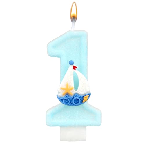 Surf-Thema Nummer 1 Geburtstagskerze, Blau Glitzernd Tortenaufsatz für Jungen 1. Geburtstag Ozean & Meer Party-Dekoration Nautisch Babyparty Zubehör (Segelboot) von Tinoaly