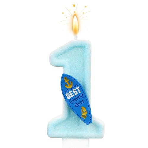 Surf-Thema Nummer 1 Geburtstagskerze, Blau Glitzernd Tortenaufsatz für Jungen 1. Geburtstag Ozean & Meer Party-Dekoration Nautisch Babyparty Zubehör (Surfbrett) von Tinoaly