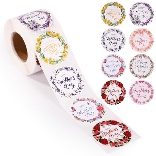 Tinoaly 1 Rolle 500stk Aufklebern Alles Gute Muttertag, 38mm Runde Geschenkanhänger Blumenmuster Muttertag Aufkleber Mama-Etiketten Dekoration Schachteln Umschläge Verschlusskarten Geschenkpapier von Tinoaly