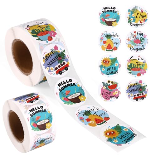 Tinoaly 1000stk/2 Rollen Sommer-Aufkleber, 38mm Hello Summer Strand-Themen-Aufkleberrolle Rund Wassermelone Kokosnuss Palmen-Aufkleber für Kinder Tropische Hawaii-Party-Dekoration Geschenkverpackung von Tinoaly