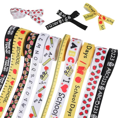 Tinoaly 10stk Ripsbänder zum Schulanfang, 10 Stile Je 3 Yards Dekoratives Bastelband mit Schulthema für DIY-Dekorationen Geschenkverpackungen Kindergarten-Partyzubehör von Tinoaly