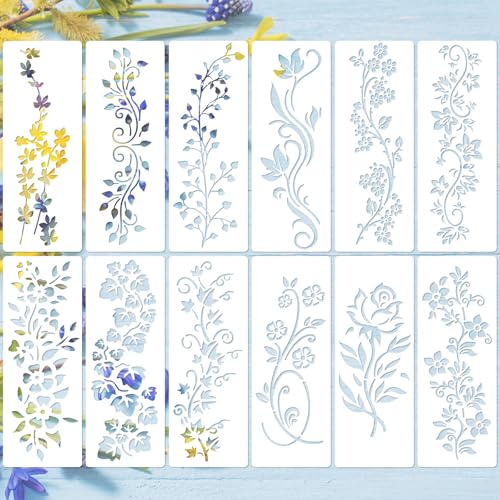 Tinoaly 12 Stück Blattrank Schablonen, 30,5x11,5cm Blumen Malschablonen Wiederverwendbare Blätter und Blumenvorlagen zum Malen auf Holzwänden Stoff Heimdekoration und Wandkunst von Tinoaly