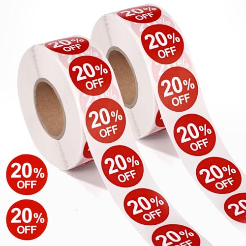 Tinoaly 2000stk 20% Rabatt Aufkleber, 2,5cm Runde 20 Prozent Rabatt Werbeetiketten Selbstklebende Preisschilder Zeichen Reduzierte Verkaufsetiketten für Einzelhandel Supermarkt Läden (Rot) von Tinoaly