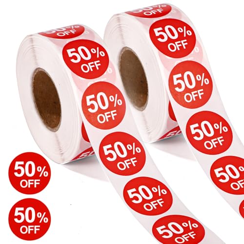 Tinoaly 2000stk 50% Rabatt Aufkleber, 2,5cm Runde 50 Prozent Rabatt Werbeetiketten Selbstklebende Preisschilder Zeichen Reduzierte Verkaufsetiketten für Einzelhandel Supermarkt Läden (Rot) von Tinoaly