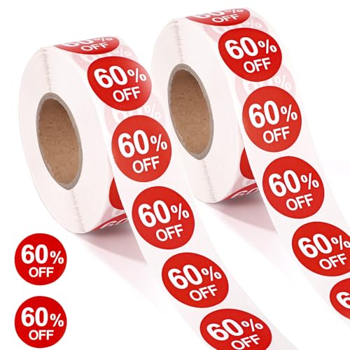 Tinoaly 2000stk 60% Rabatt Aufkleber, 2,5cm Runde 60 Prozent Rabatt Werbeetiketten Selbstklebende Preisschilder Zeichen Reduzierte Verkaufsetiketten für Einzelhandel Supermarkt (Rot) von Tinoaly