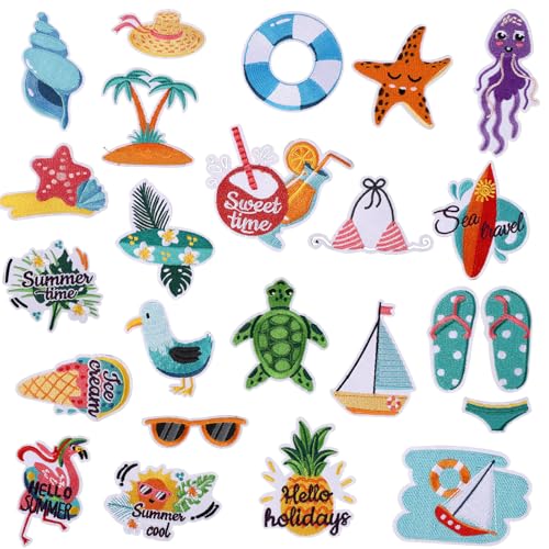 Tinoaly 22stk Bügelaufnäher Sommer, Strand-Patches Aufnähen Kokosnussbaum Sonnenbrille Hawaii-Bestickte Applikationen Kleidung Hüte Taschen Hemden Jeans DIY-Bastelarbeiten Dekorationen Geschenke von Tinoaly
