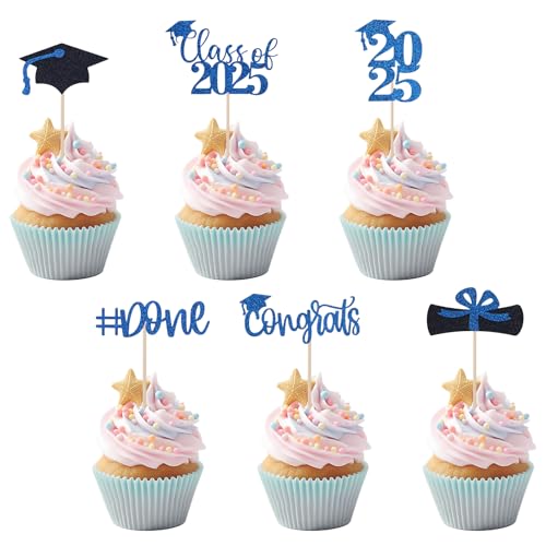 Tinoaly 24pz Decorazioni Cupcake Laurea 2025, Glitter Congratulazioni Classe 2025 Diploma Laurea Cupcake Picks Blu/Nero Decorazioni Torte a Tema Laurea Accessori Foto Articoli Feste (6 Stili) von Tinoaly