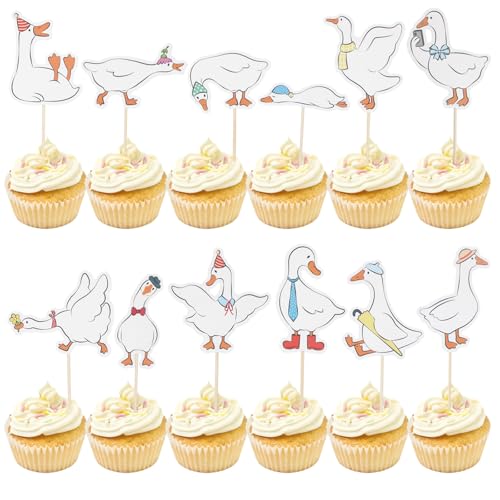 Tinoaly 24 Stück Alberne Gänse Cupcake Topper, Süße Weiße Gänse Geburtstagskuchen Dekorationen für Kindergeburtstagsparty Zubehör Babyparty Tierthema Kuchendekorationen von Tinoaly