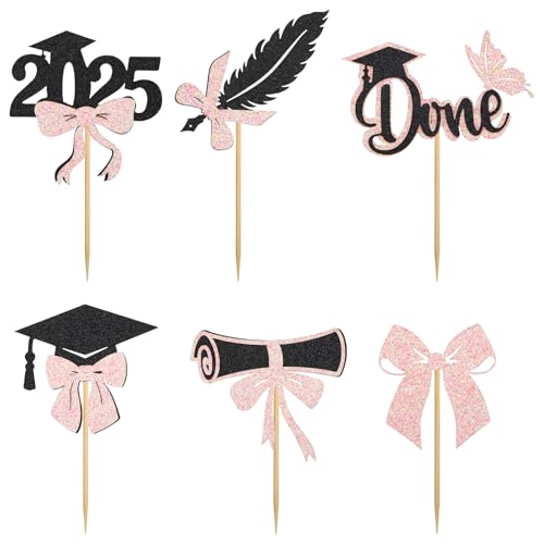 Tinoaly 24 Stück Cupcake Deko Abschluss 2025, Glitzer Schwarz & Pink Abschlusskappe Diplom Cupcake Picker Cake Topper Abschluss für Abschlussparty Zubehör Foto Requisiten von Tinoaly