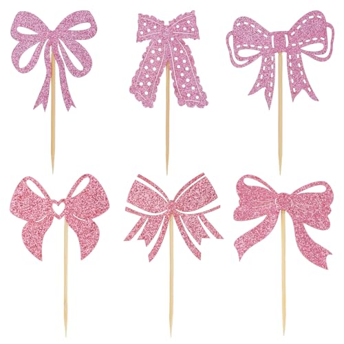 Tinoaly 24 Stück Cupcake-Topper mit Rosa Schleife, Glitzerpapier Cake Deko Schleife Kokette Geburtstagsdekoration für Brautparty- und Junggesellinnenabschiedszubehör von Tinoaly