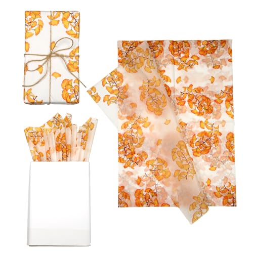 Tinoaly 30 Blatt Bedrucktes Seidenpapier, 50x35cm Geschenkpapier für Geschenkverpackungen Bastelarbeiten Partydekoration (Gelbes Gingko Blatt) von Tinoaly