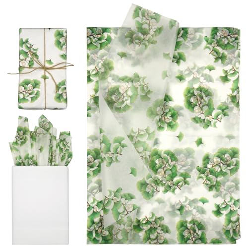 Tinoaly 30 Blatt Bedrucktes Seidenpapier, 50x35cm Glattes Geschenkpapier für Verpackung Basteln Dekoration (Grünes Gingko Blatt) von Tinoaly
