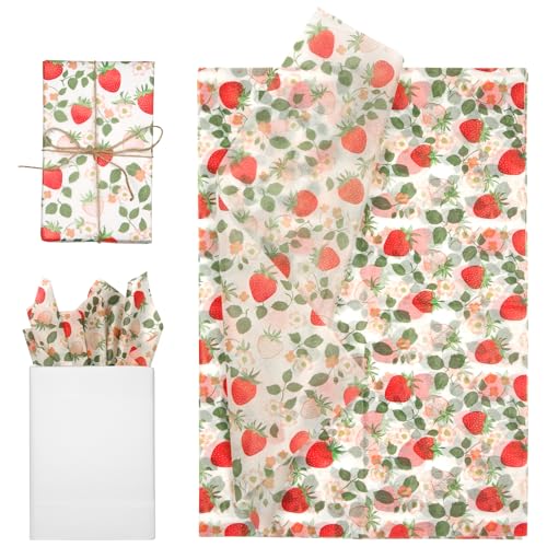 Tinoaly 30 Blatt Bedrucktes Seidenpapier, 50x35cm Glattes Geschenkverpackungs Seidenpapier zum Basteln Dekorieren für Partys Hochzeiten (Rote Erdbeere) von Tinoaly