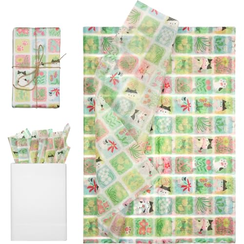 Tinoaly 30 Blatt Seidenpapier, 50x35cm Süß Geschenkpapier Seidenpapier verpackungsmaterial für Geburtstag Babyparty Haustierparty Bastelbedarf (Grüne Katze) von Tinoaly
