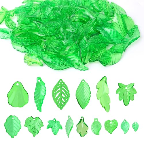 Tinoaly 300stk Grüne Acrylblattperlen, 15 Stile Transparente Blattanhänger Süße Ahornblattanhänger Pflanzenblattkappen für Schmuckherstellung Frühlingsbasteln DIY Ohrring Halskette Fußkettchen Zubehör von Tinoaly