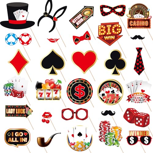 Tinoaly 30stk Casino-Fotoautomaten-Requisitenset, Selfie-Foto Requisiten Thema Las Vegas Game Night Poker mit Stöcken Klebepunkten Perfekte Dekoration Partygeschenke für Casino-Mottoparty von Tinoaly