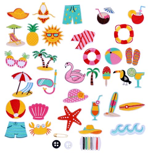 Tinoaly 33 Stk Sommer Bügelpatches Hawaii Urlaubsstil, Bestickte Strand Patches Aufbügeln Annähen Dekorative Applikationen zur Reparatur Verschönerung von Kleidung Hüten Shirt Taschen Jeans von Tinoaly
