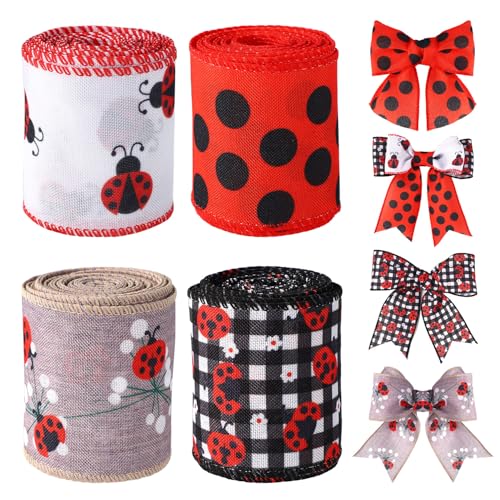 Tinoaly 4 Rollen Marienkäfer Band, 18m Rot Schwarz und Weiß Gepunktetes Drahtband zum Verpacken von Geschenken Basteln Kranzschleifenherstellung Nähen Blumenarrangements Heim- und Partydekorationen von Tinoaly