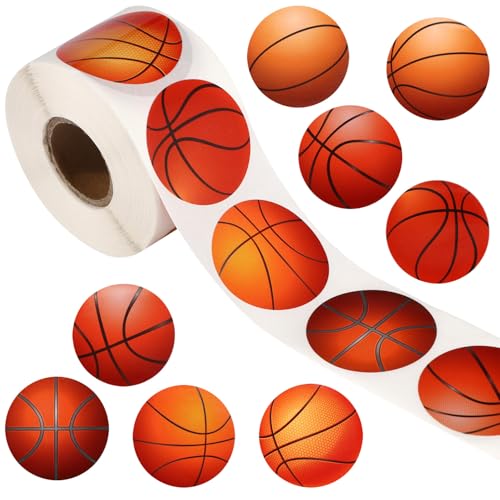 Tinoaly 500 Stk Basketball Aufkleber, Selbstklebende Basketball Aufkleberrolle Sport Etikettenrolle für Postkarten Scrapbooking Dekoration Umschlagsiegel Sportparty Zubehör von Tinoaly