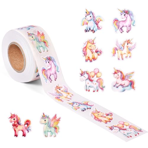 Tinoaly 500 Stk Einhorn Aufkleber, Selbstklebend Regenbogen Einhorn Aufkleber Cartoon Tieraufkleber als Belohnung Umschlagaufkleber Brief und Einladungsdekoration von Tinoaly
