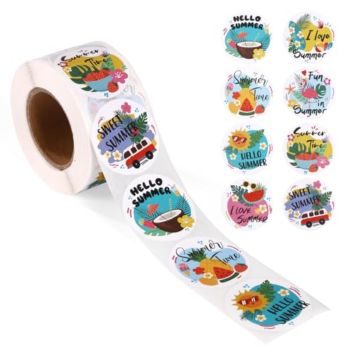 Tinoaly 500 Stück Sommer Aufkleber für Kinder, 38mm Tropisch Strand Aufkleber Wassermelone Ananas Kokosnuss Abziehbild mit Sommermotiven für Hawaii Party Dekoration DIY Basteln von Tinoaly