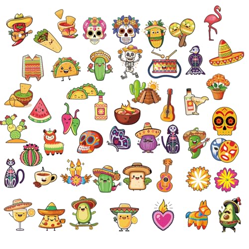 Tinoaly 50stk Mexikanische Essensaufkleber, Wasserfestes Vinyl Mexikanische Aufkleber zum 5 Mai Taco-Avocado-Kaktus-Mexiko-Fiesta-Aufkleber Partygeschenke Scrapbook-Dekoration Wasserflaschen Gepäck von Tinoaly