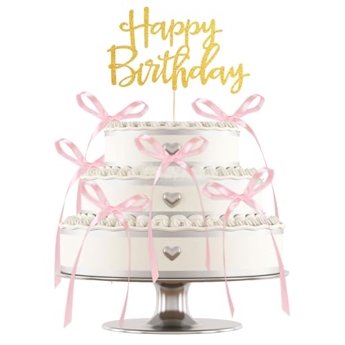 Tinoaly 6stk Schleifen-Kuchenaufsätze mit 1stk Happy Birthday-Kucheneinsatz, Schleifenband Kokette Geburtstagsdekoration für Cupcakes Perfekte Hochzeits-Mottopartys Schleifenknoten-Dekor(Gold, Pink) Tinoaly 6stk Schleifen-Kuchenaufsätze mit 1stk Happy Birthday-Kucheneinsatz, Schleifenband Kokette Geburtstagsdekoration für Cupcakes Perfekte Hochzeits-Mottopartys Schleifenknoten-Dekor(Gold, Pink) von Tinoaly