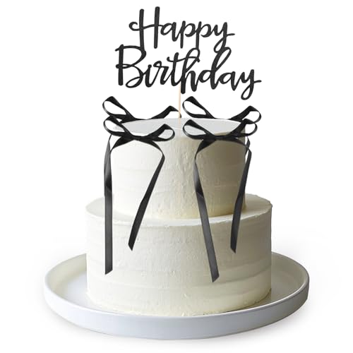 Tinoaly 6stk Schleifen-Kuchenaufsätze mit 1stk Happy Birthday-Kucheneinsatz, Schleifenband Kokette Geburtstagsdekoration für Cupcakes Perfekte Hochzeits-Mottopartys Schleifenknoten-Dekor(Schwarz) von Tinoaly