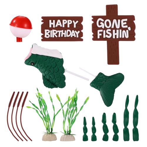 Tinoaly Angel Kuchenaufsatz, Angel Kuchendekorationen Fishing Cake Topper mit Schilfrohr Happy Birthday Schild Fisch Schwimmkörper für Angelpartys zum Thema Geburtstag von Tinoaly