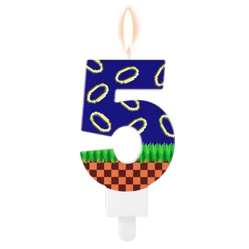Tinoaly Blaue Geburtstagskerze mit Igelmotiv, Happy Birthday-Zahlenkerze Kerze mit Cartoon-Kuchenaufsatz Kerze mit Blauem und Goldenem Ringaufdruck als Partygeschenk für Einen Kuchen (Zahl 5) von Tinoaly