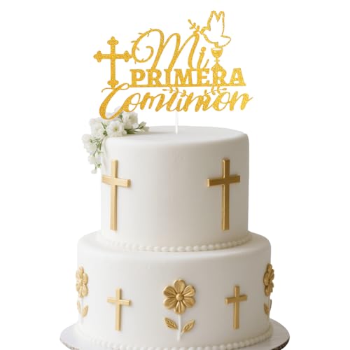 Tinoaly Kuchenaufsatz Mi Primera Comunion, Dekoration für Die Erstkommunion Taufe Hochzeit Babyparty Geburtstagsparty Spanische Religiöse Kuchendekoration für Jungen und Mädchen (Goldglitzer) von Tinoaly