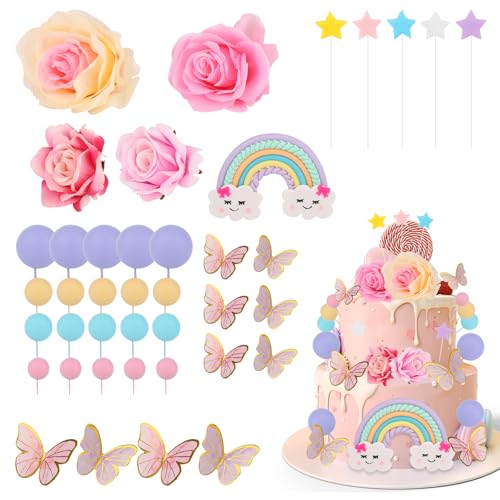 Tinoaly Regenbogen-Rosen-Tortendekoration, Bunte Regenbogen-Schmetterlingsbälle Tortenaufsatz für Geburtstagsfeiern Hochzeiten und Babypartys Tinoaly Regenbogen-Rosen-Tortendekoration, Bunte Regenbogen-Schmetterlingsbälle Tortenaufsatz für Geburtstagsfeiern Hochzeiten und Babypartys von Tinoaly