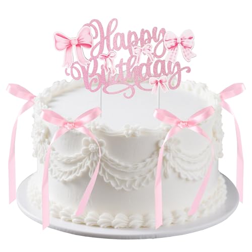 Tortenaufsatz mit Schleife und Happy Birthday-Schild, Kuchenaufsatz Geburtstag Party-Dekor im Retro-Stil Vintage-Stil Koketterie Herz-Tortenband-Aufsatz für Hochzeit Babyparty (Pink) von Tinoaly