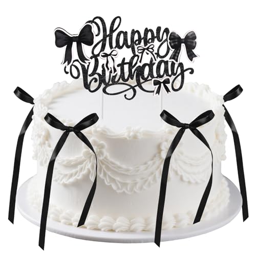Tortenaufsatz mit Schleife und Happy Birthday-Schild, Kuchenaufsatz Geburtstag Party-Dekor im Retro-Stil Vintage-Stil Koketterie Herz-Tortenband-Aufsatz für Hochzeit Babyparty (Schwarz) von Tinoaly