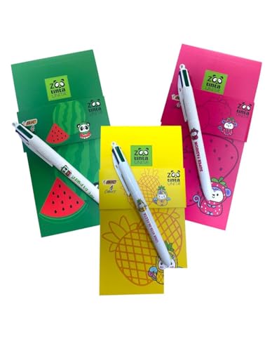 Notizbuch & Stift in 4 Farben "Zoo Fruit Collection" – TintaUnita & Bic Notizblock mit Blättern 70ff Charm, mit Multifunktionsstift und Anhänger von Tinta Unita