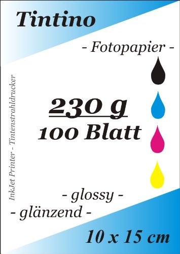 100 Blatt Fotopapier 10 x 15 cm 230g/qm high -glossy glaenzend - sofort trocken - wasserfest - hochweiß - sehr hohe Farbbrillianz fuer InkJet Drucker Tintenstrahldrucker von Tintino