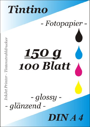 100 Blatt Fotopapier DIN A4, 150g/qm high -glossy hoch-glaenzend -sofort trocken -wasserfest-hochweiß-sehr hohe Farbbrillianz, fuer InkJet Drucker Tintenstrahldrucker von Tintino