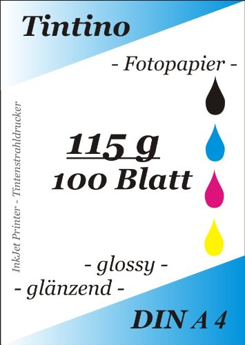 100 Blatt Fotopapier DIN A4 115g/qm extra leicht dünn glossy glaenzend -sofort trocken -wasserfest-hochweiß-sehr hohe Farbbrillianz, fuer InkJet Drucker Tintenstrahldrucker von Tintino