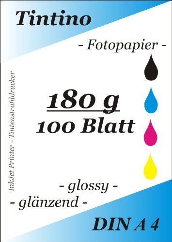 100 Blatt Fotopapier DIN A4 180g/qm high -glossy hoch-glaenzend -sofort trocken -wasserfest-hochweiß-sehr hohe Farbbrillianz, fuer InkJet Drucker Tintenstrahldrucker von Tintino