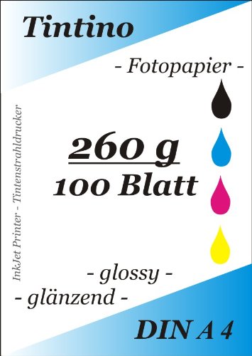 100 Blatt Fotopapier DIN A4 260g/qm high -glossy glaenzend - sofort trocken -wasserfest - hochweiß - sehr hohe Farbbrillianz fuer InkJet Drucker Tintenstrahldrucker von Tintino
