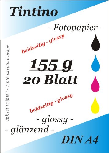 2 seitig glaenzend - double side glossy - 20 Blatt Fotopapier Photopapier DIN A4 155g/qm - beidseitig glossy glaenzend bedruckbar - sofort trocken - wasserfest - hochweiß - sehr hohe Farbbrillianz fuer InkJet Drucker Tintenstrahldrucker von Tintino