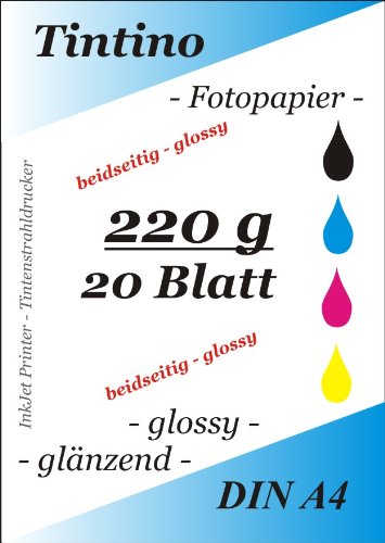 2 seitig glaenzend - double side glossy - 20 Blatt Fotopapier Photopapier DIN A4 220g/qm - beidseitig glossy glaenzend bedruckbar - sofort trocken - wasserfest - hochweiß - sehr hohe Farbbrillianz fuer InkJet Drucker Tintenstrahldrucker von Tintino