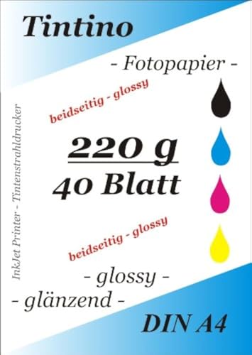 2 seitig glaenzend - double side glossy - 40 Blatt Fotopapier Photopapier DIN A4 220g/qm - beidseitig glossy glaenzend bedruckbar - sofort trocken - wasserfest - hochweiß - sehr hohe Farbbrillianz fuer InkJet - Tintenstrahl Drucker von Tintino