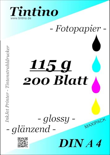 200 Blatt Fotopapier DIN A4 115g/m², glänzend weiß, für Tintenstrahldrucker von Tintino