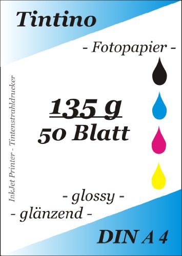 50 Blatt Fotopapier DIN A4 135g/qm high -glossy hoch-glaenzend -sofort trocken -wasserfest-hochweiß-sehr hohe Farbbrillianz, fuer InkJet Drucker Tintenstrahldrucker von Tintino