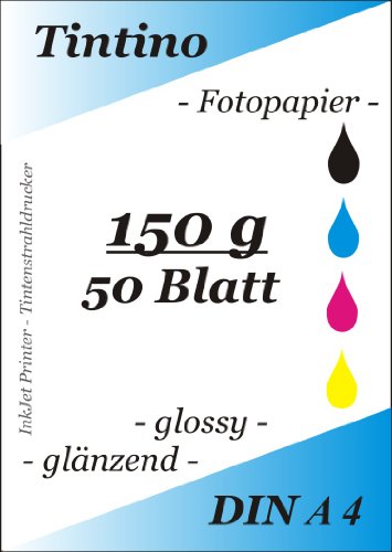 50 Blatt Fotopapier DIN A4 150g/qm high -glossy hoch-glaenzend -sofort trocken -wasserfest-hochweiß-sehr hohe Farbbrillianz, fuer InkJet Drucker Tintenstrahldrucker von Tintino