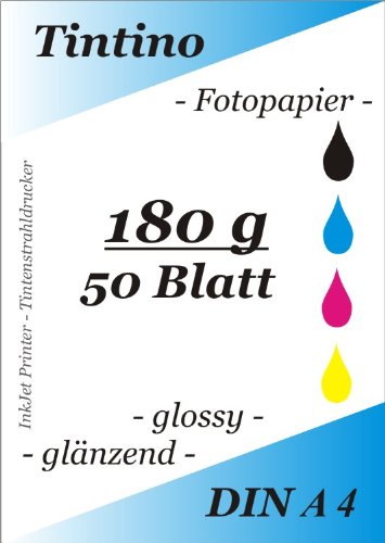 50 Blatt Fotopapier DIN A4 180g/qm high -glossy hoch-glaenzend -sofort trocken -wasserfest-hochweiß-sehr hohe Farbbrillianz fuer InkJet Drucker von Tintino