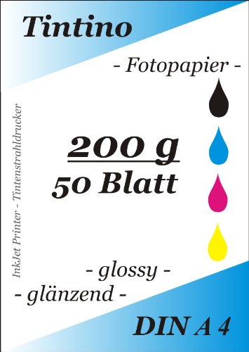 50 Blatt Fotopapier DIN A4 200g/qm high -glossy glaenzend -sofort trocken -wasserfest-hochweiß-sehr hohe Farbbrillianz, fuer InkJet Drucker Tintenstrahldrucker von Tintino von Tintino