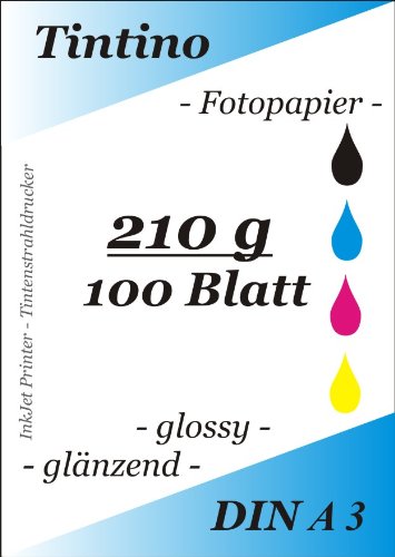 A3-100 Blatt Fotopapier Photopapier DIN - A 3-210g/qm - glossy glaenzend - sofort trocken - wasserfest - hochweiß - sehr hohe Farbbrillianz fuer InkJet Drucker Tintenstrahldrucker von Tintino