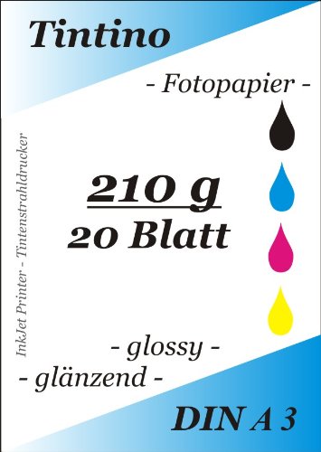 A3-20 Blatt Fotopapier Photopapier DIN - A 3-210g/qm - glossy glaenzend - sofort trocken - wasserfest - hochweiß - sehr hohe Farbbrillianz fuer InkJet Drucker Tintenstrahldrucker von Tintino